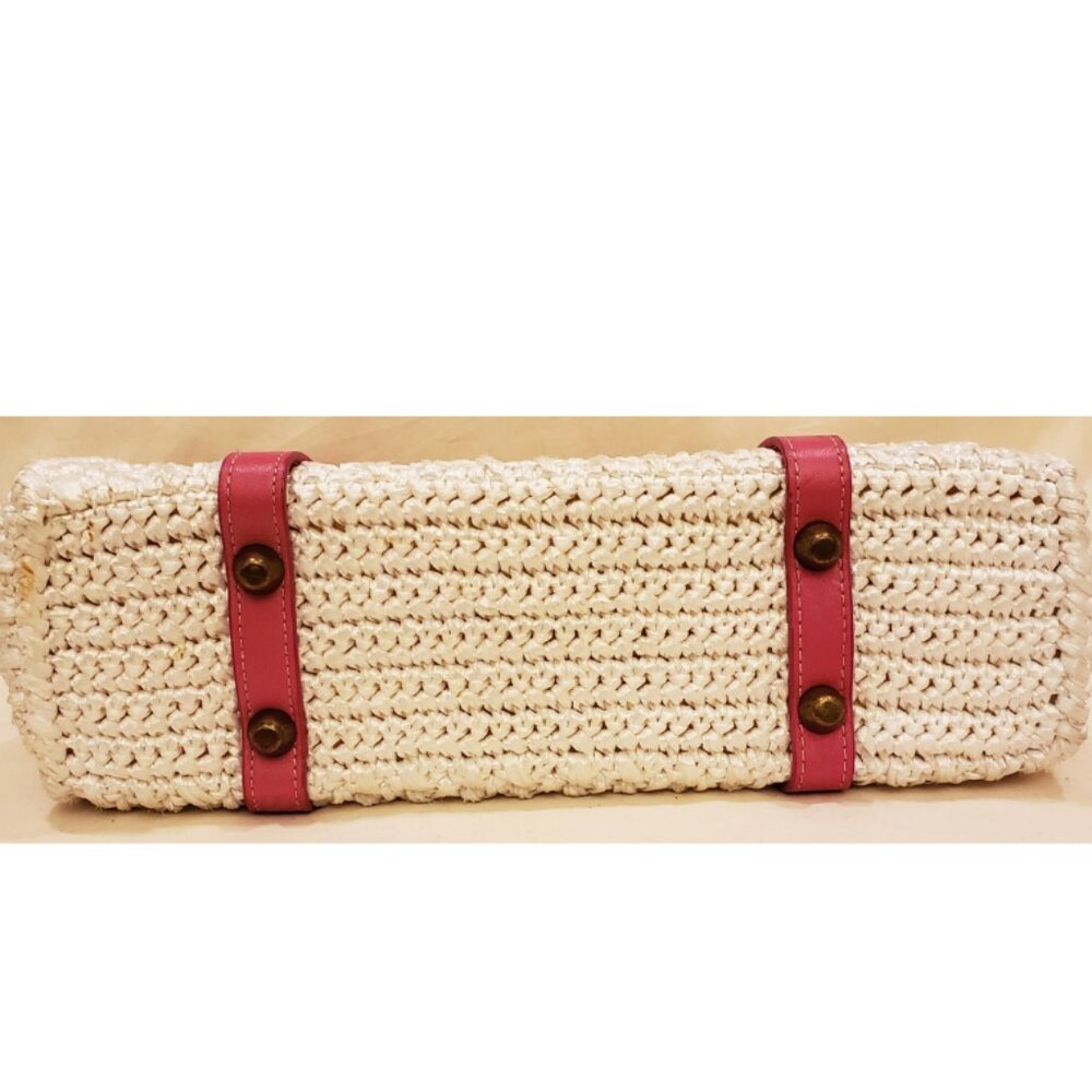 Trina Turk Handbag/Shoulder Bag White Woven Pattern with Pink Handles - Picture 3 of 6